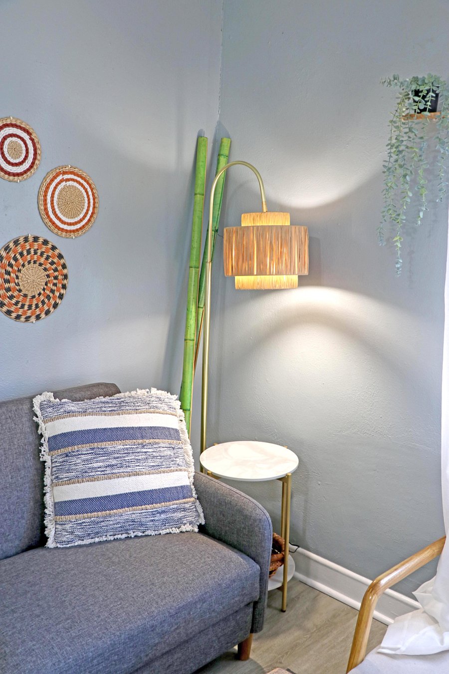 Boho style floor lamp is one of several "smart home" controlled lights.