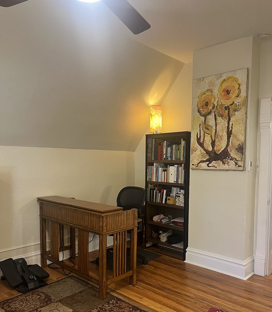 East bedroom has bookshelf and desk, which can be altered to accommodate different setup.