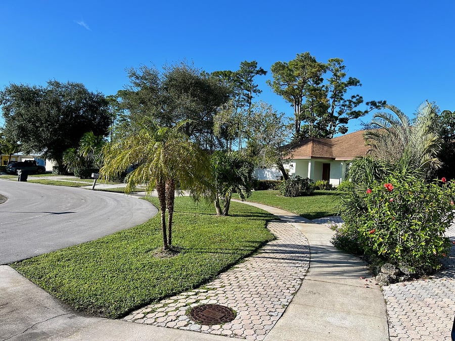A tranquil western-facing exterior shot depicts a serene neighborhood with amiable considerate residents.