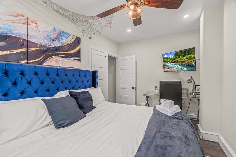 All our bedrooms have King beds, AC, HD TV, ceiling fans, noise machines for those having trouble sleeping, blackout curtains and closets. Bedrooms also feature towels, luggage racks, hairdryers, irons + more!