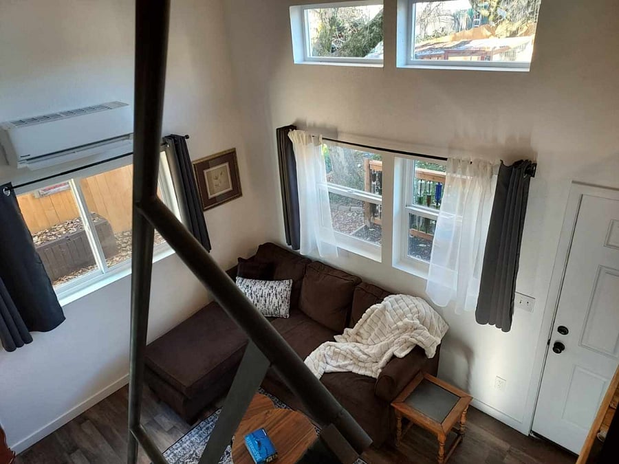 Perspective on living room from top of loft stairs.