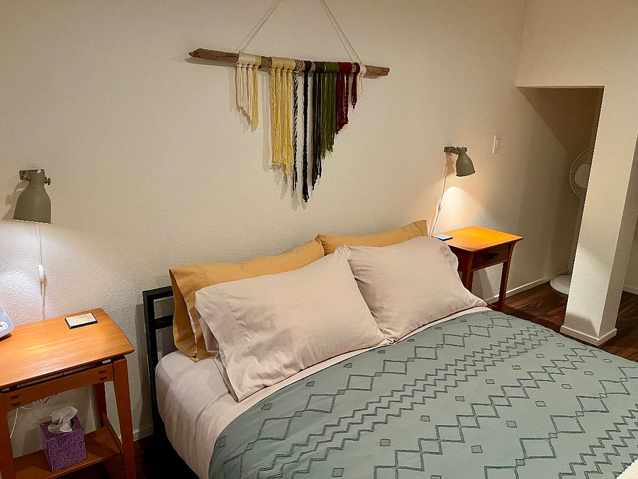 Separate bedroom with comfortable queen-size bed (plus full closet with washer/drier combo unit)