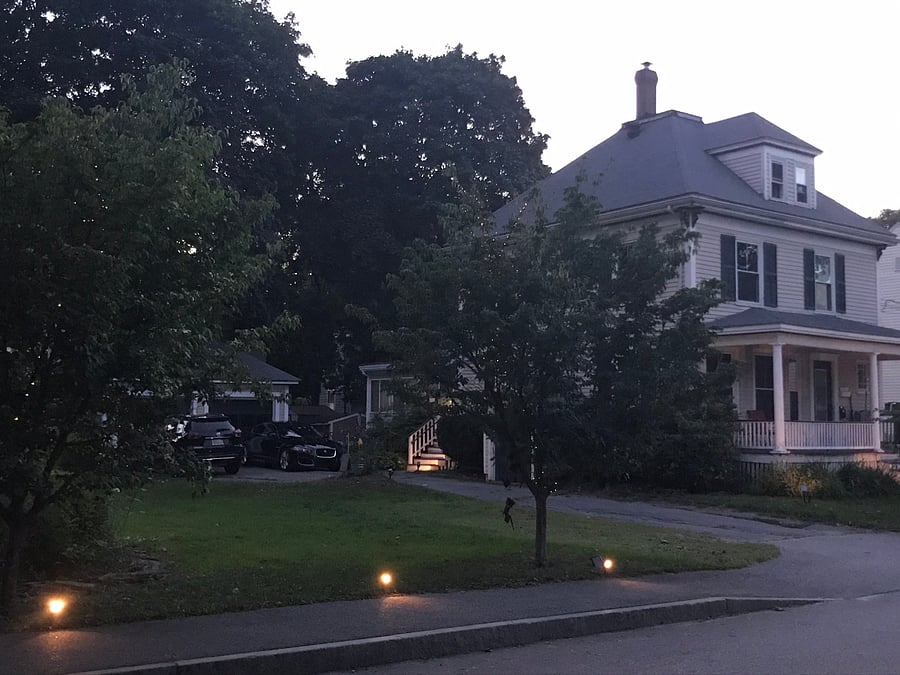 Exterior at dusk:
Offstreet parking, yard, garden, perennials flower beds, fire-pit in yard, BBQ Grill and seating on porch