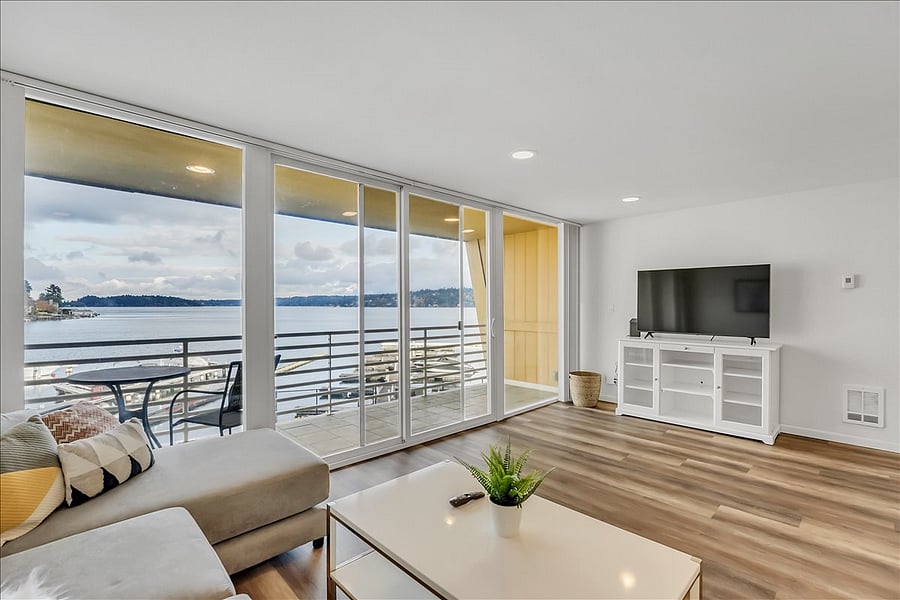 Balcony with marina and lake views.