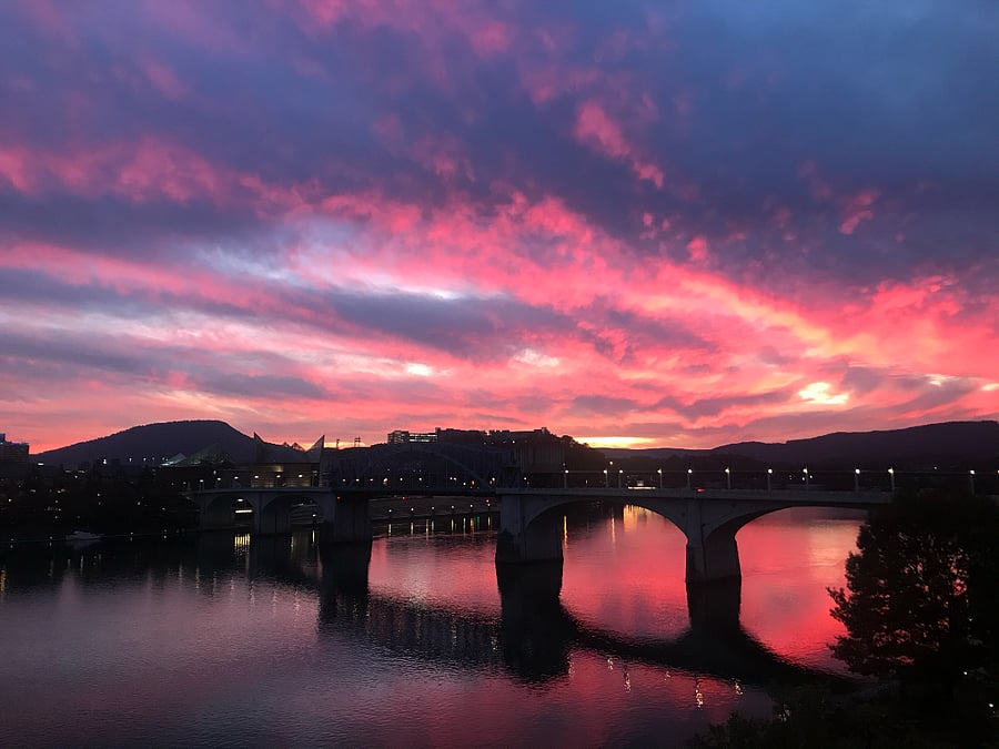 Nearby TN river, Walking pedestrian bridge-
sunset of river and Lookout Mtn
