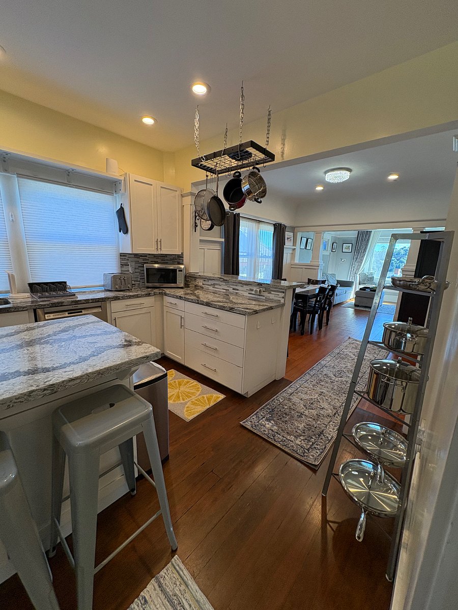 Kitchen, dining room, and living room