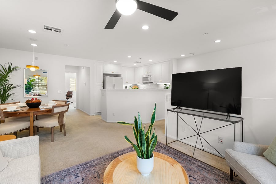 Open floorplan with dining, living room and kitchen in one area.