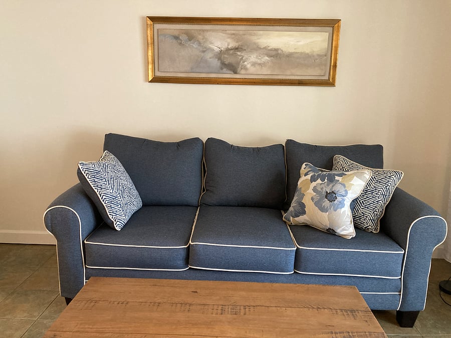 Living room couch with fold out queen bed.