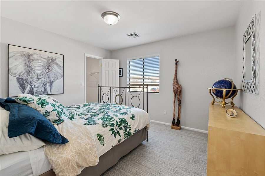 Bedroom 3 with queen bed, 100% Cotton sheets, with walk in closet.  Black out shades.