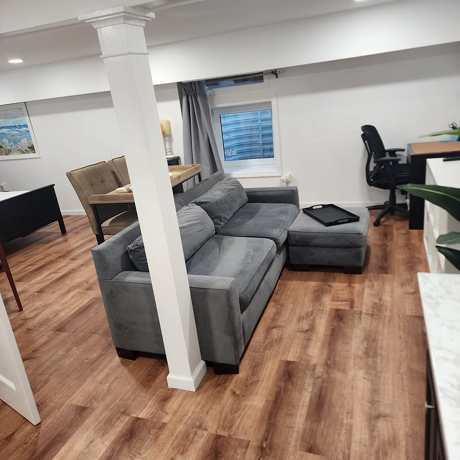 Sofa, dining table, desk.