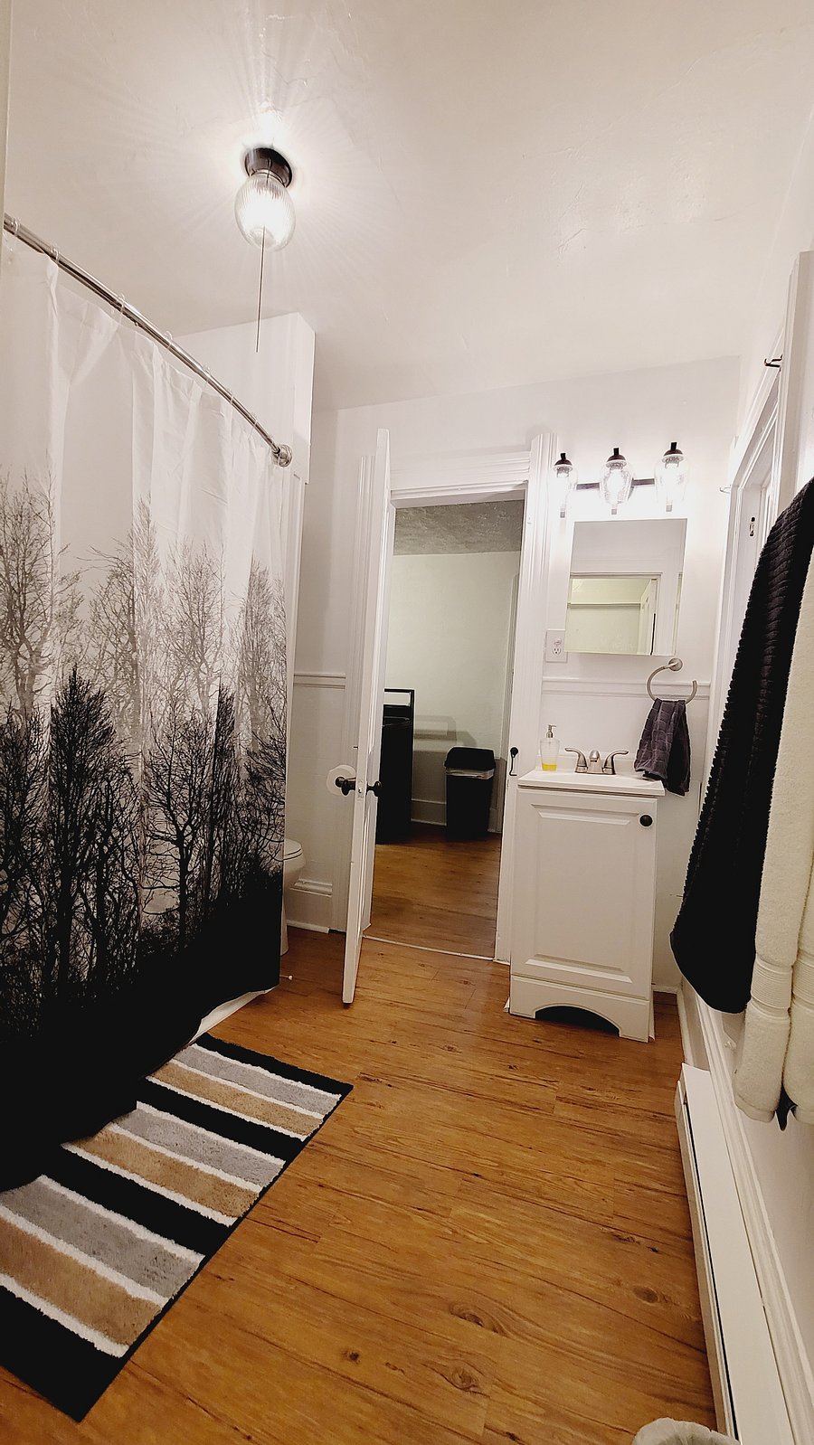 Bathroom has a small walk in closet where you can store extra linen, clothes, or whatever you'd like. Currently, there is a window ac in there stored away until summer months.