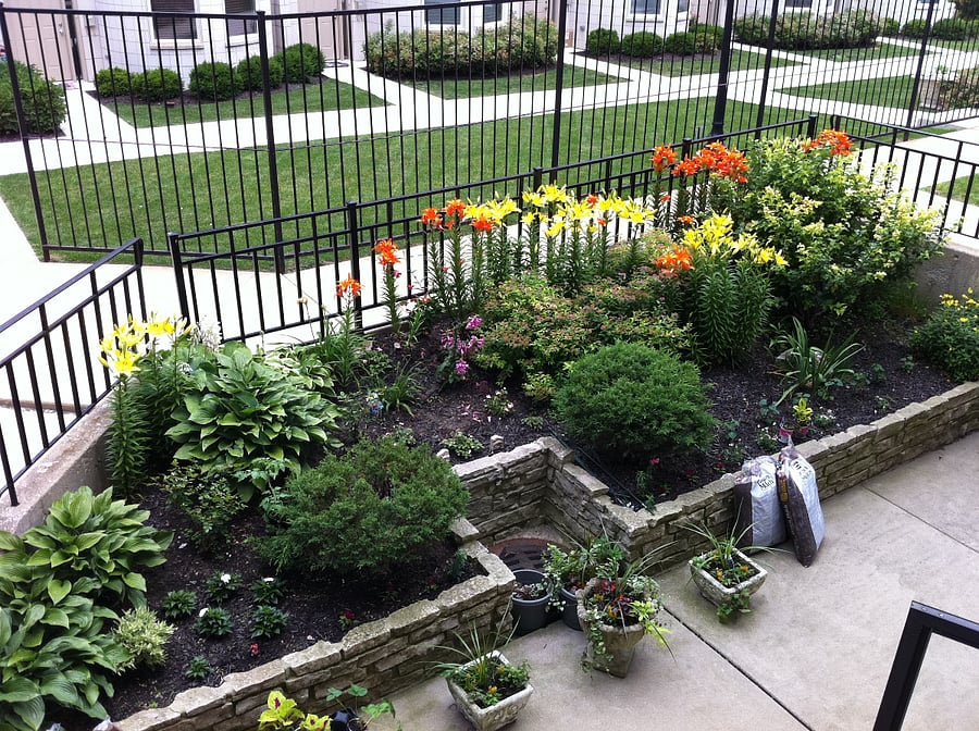 Raised flowerbed in front of condo