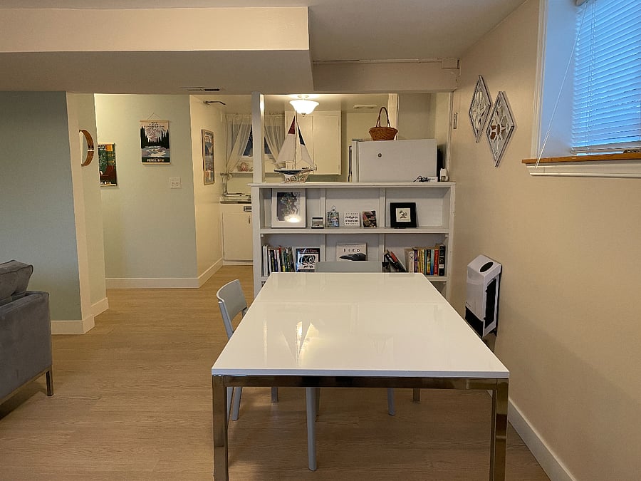dining area into kitchen