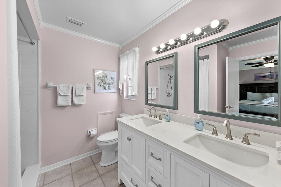 Master bathroom with new quartz double sink vanity