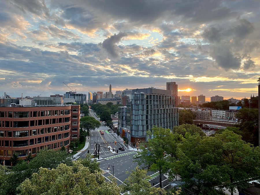 Sunrise toward Boston's Museum of Fine Arts, Northeastern University, Wentworth Institute and many other prominent institutions.