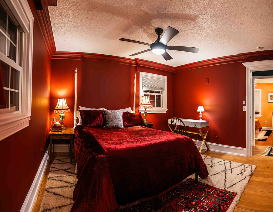 Master bedroom. Desk converts into vanity with mirror.
