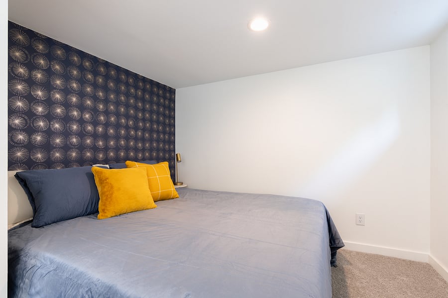 California king sized bed with Caspar mattress. Sheets, comforter and 4 pillows provided.