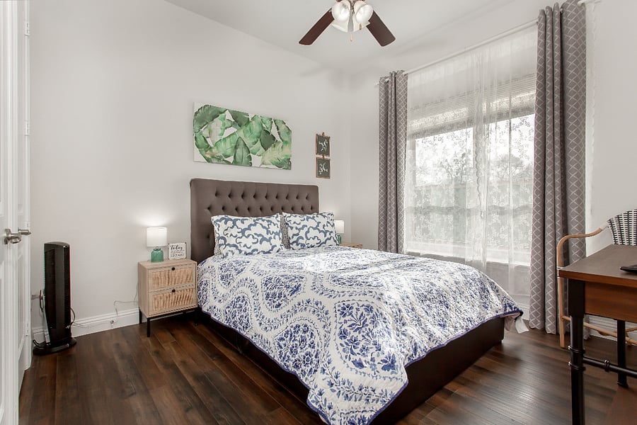 Bed frame is low for EZ accessibility.