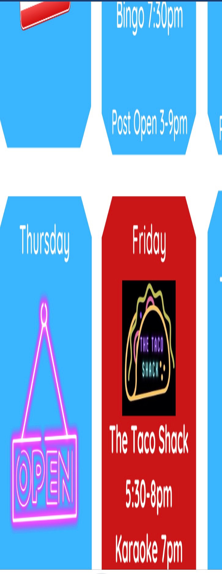 Weekly events like bingo, food trucks, dance lessons. During holidays: live music, cookouts