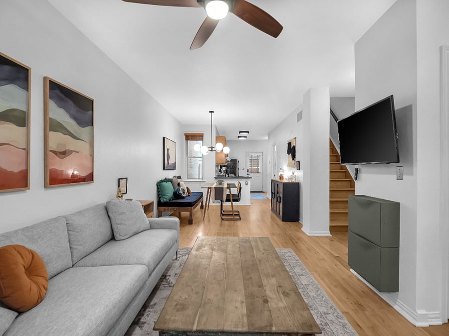 Open living, dining and kitchen.