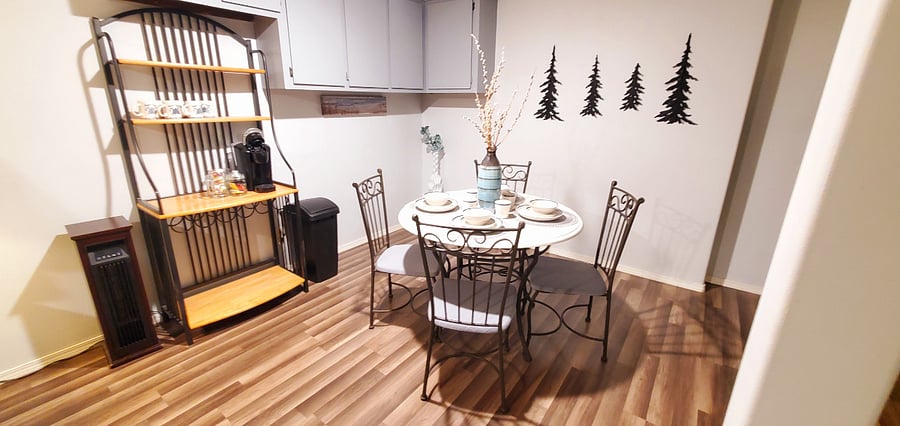 Kitchen table and baker's rack