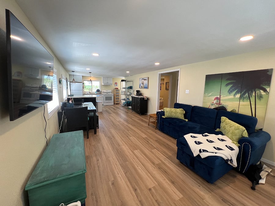 Living, dining, and kitchen area