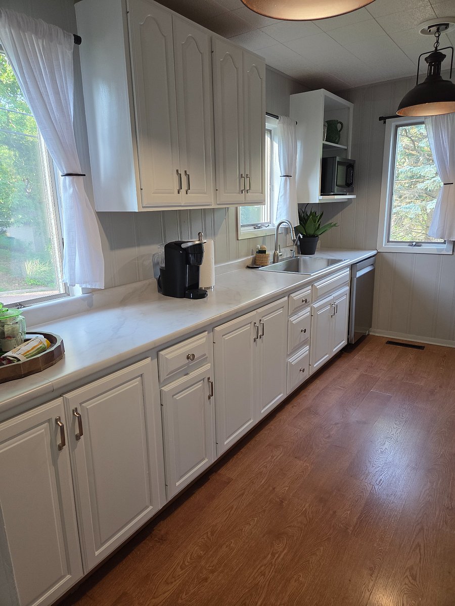 Newly renovated kitchen - painted cabinets, new countertops, sink, faucet, dishwasher, disposal and refrigerator. Access to Dining Room & Back Hall.