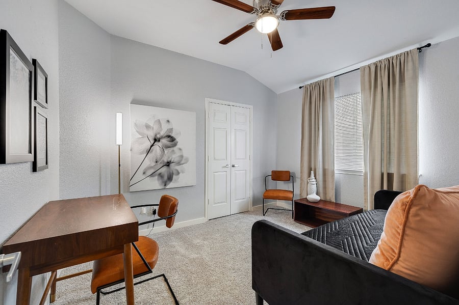 Bedroom 3 with designated workspace and lovely twin bed/couch.