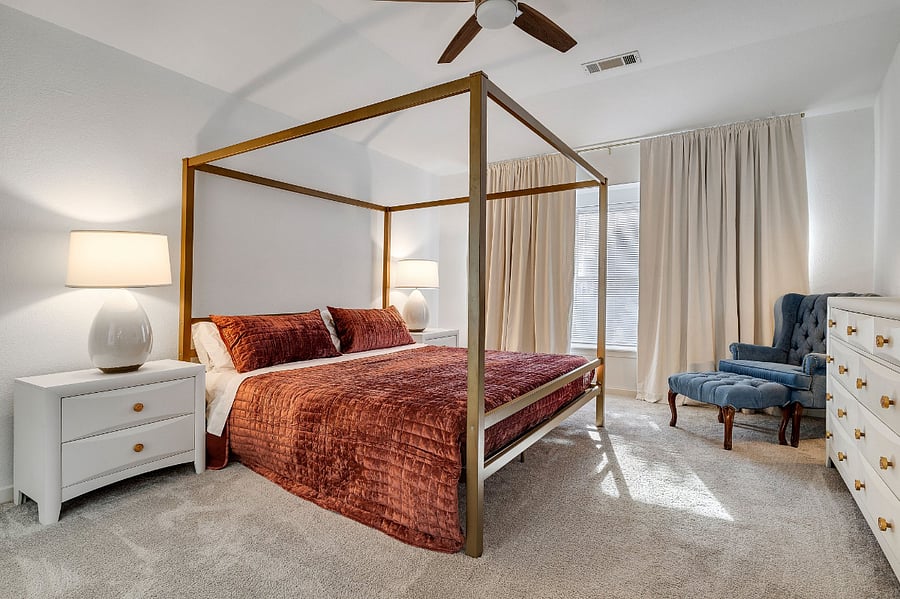 Master with en-suite bath. Cozy up in your king bed to watch a movie on hulu, netflix, prime... on your 43" smart TV. The heavy curtains are blackout. Ample storage in dresser and large night stands.