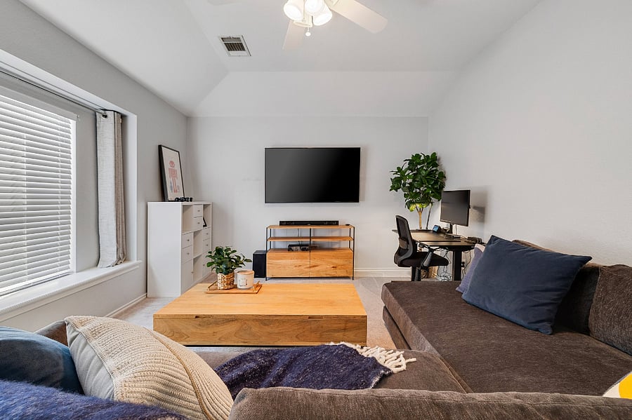Upstairs loft/media room has a designated workspace with a sit-stand desk, an ergonomic chair, and extra monitor. Come hang out on the weekends around the 65" smart TV with sound bar, watch the game or movies on netflix, hulu, prime...