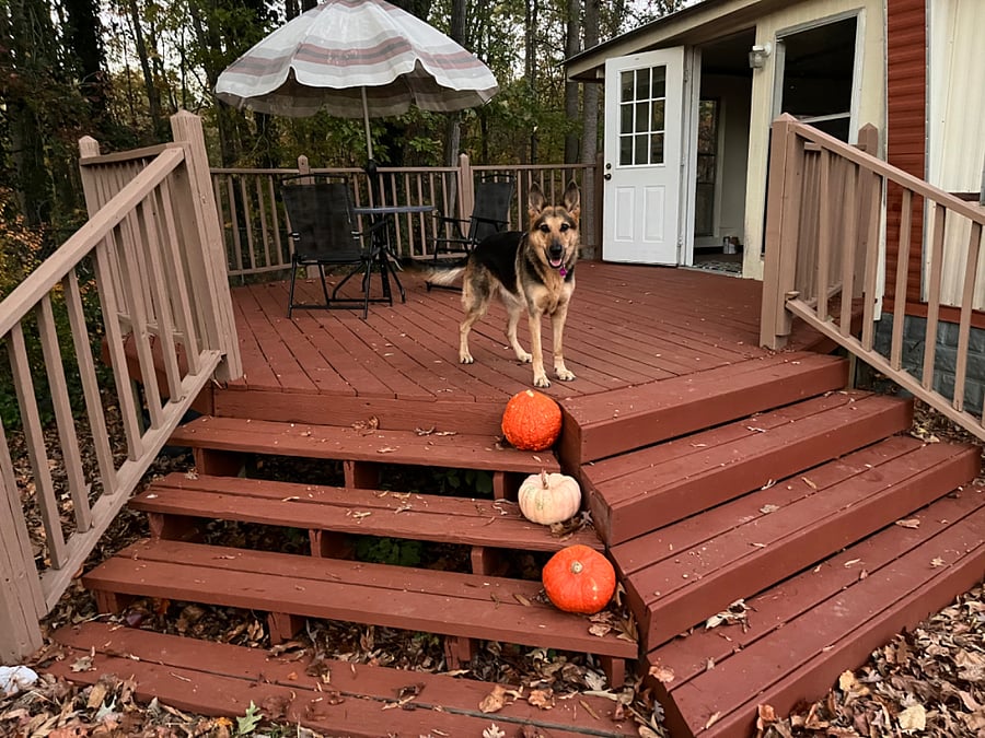 A sizable deck with table and chairs