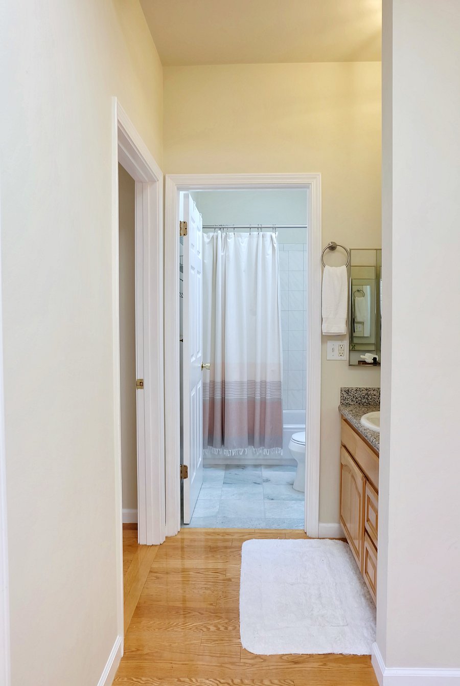 Hallway looking into the bathroom