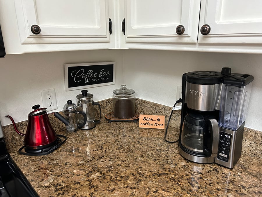 The coffee bar is always open! Drip, French press, pourover. There are plenty of teas to choose from as well!