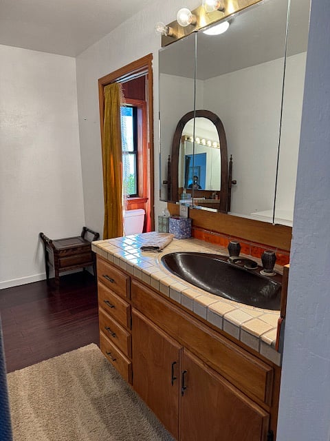 Master bath in its original 1979 style brown and orange glory. We decided to embrace it. 