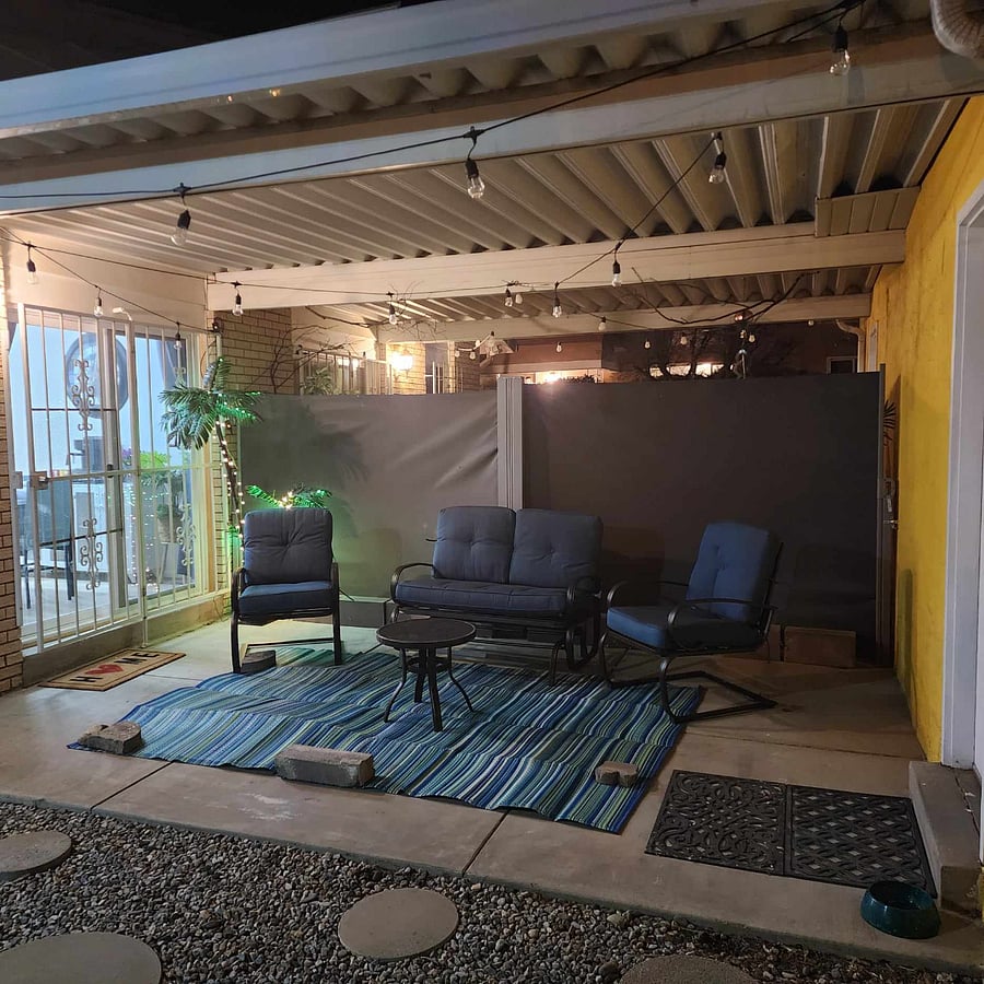 Private patio between dinning area and garage.