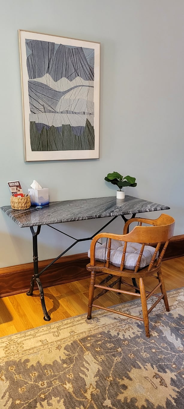 The blue room has it's own desk in it for eating or working at.
