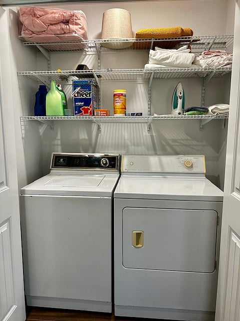 Full size washer & dryer in unit, with storage, iron, supplies & extra blankets