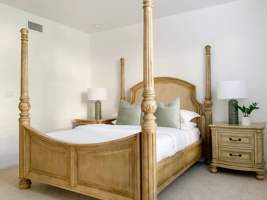 Spacious Master Retreat: Boasting Double-Door Entry, Private Patio Access, a Smart TV, Sunlit Ambiance with Large Blinds, Ambient Lighting, a Walk-In Closet, and a Luxurious Memory Foam Mattress for Ultimate Relaxation.