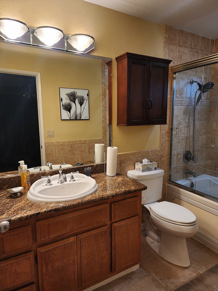 Private bathroom for bedroom #1 with shower and jetted tub.