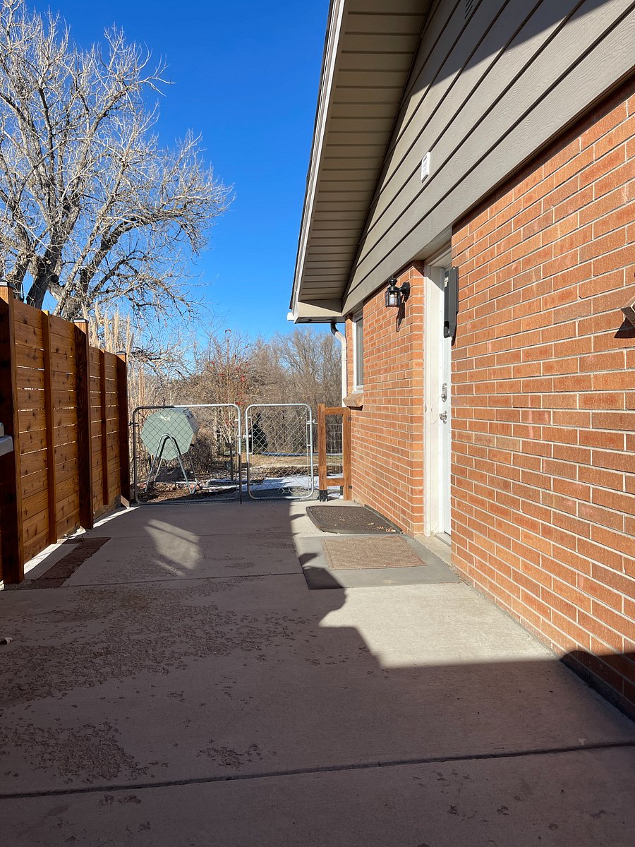 Small patio between the entry gate and the side door leading downstairs to the apartment.