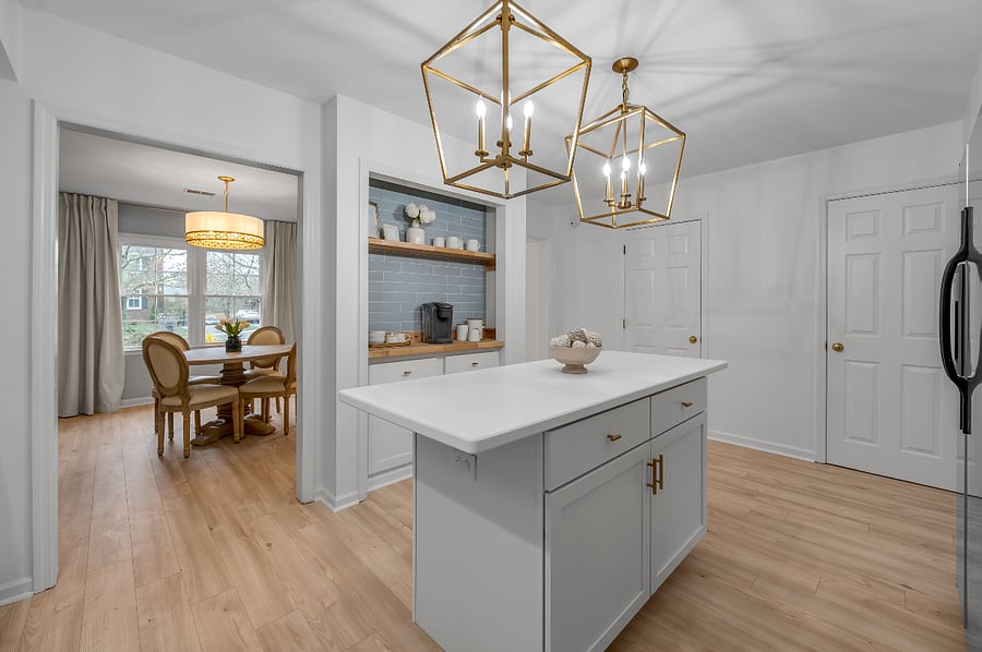 Coffee bar with view into dining room and door to walk-in pantry
