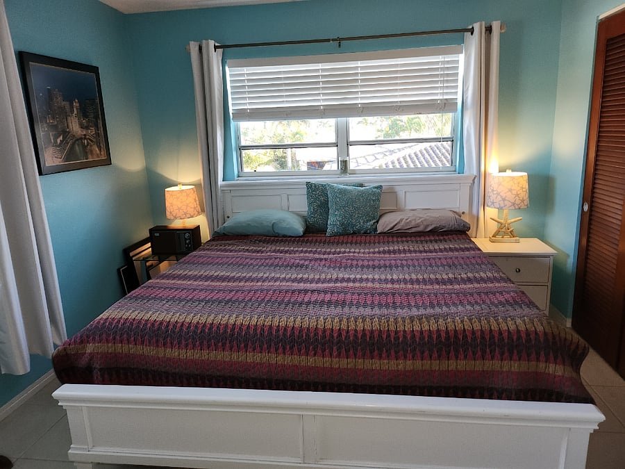 King size, sup[er comfortable bed with new mattress and pillows. Good size closet to right in pic.