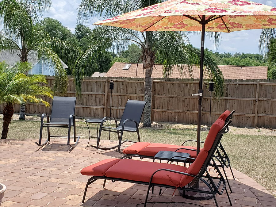 If you enjoy the sun, we have plenty of it for you here. Outdoor living area has umbrellas and cushions for relaxing outside. 