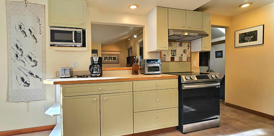 New microwave, air fryer, instant, bakeware, toaster, coffee maker, french press, complete cookware, and new induction stove.