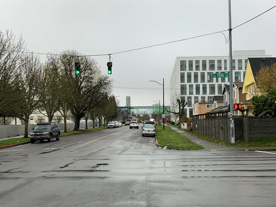 View from the south end of our block, featuring St. Joseph's Hospital (white buildings in the background)