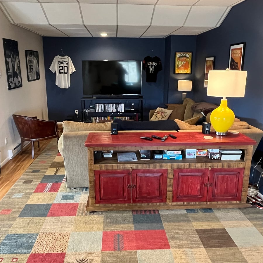 Game cabinet, viewing space, and 65" Samsung TV