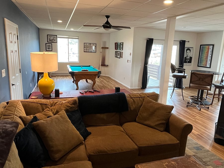 Viewing space, pool table, and high-top bar table