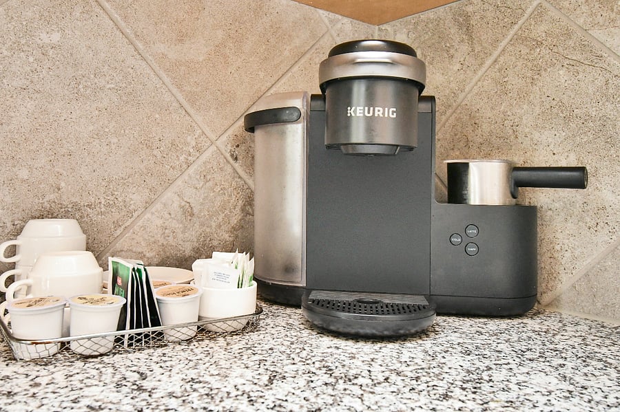 Wake up with the coffee station ready for your morning cup of Joe.