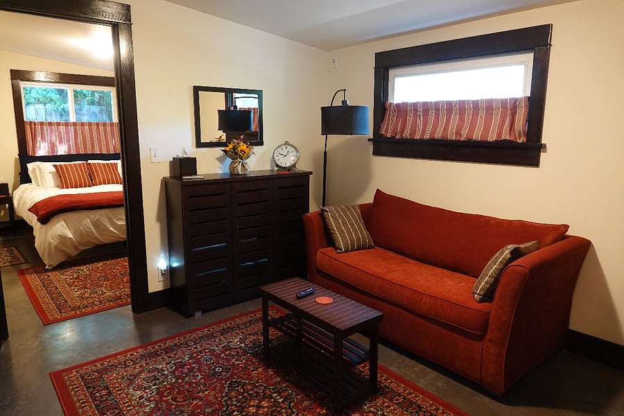 Living Room.  Couch is a pull out full bed