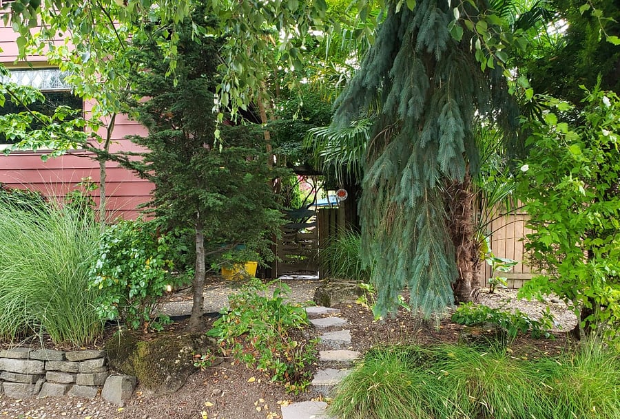 Steeping stones out front leading you to the iron gate.